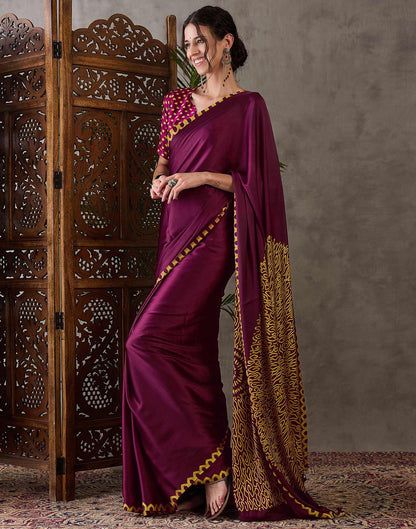 Dark Purple Satin Printed Saree