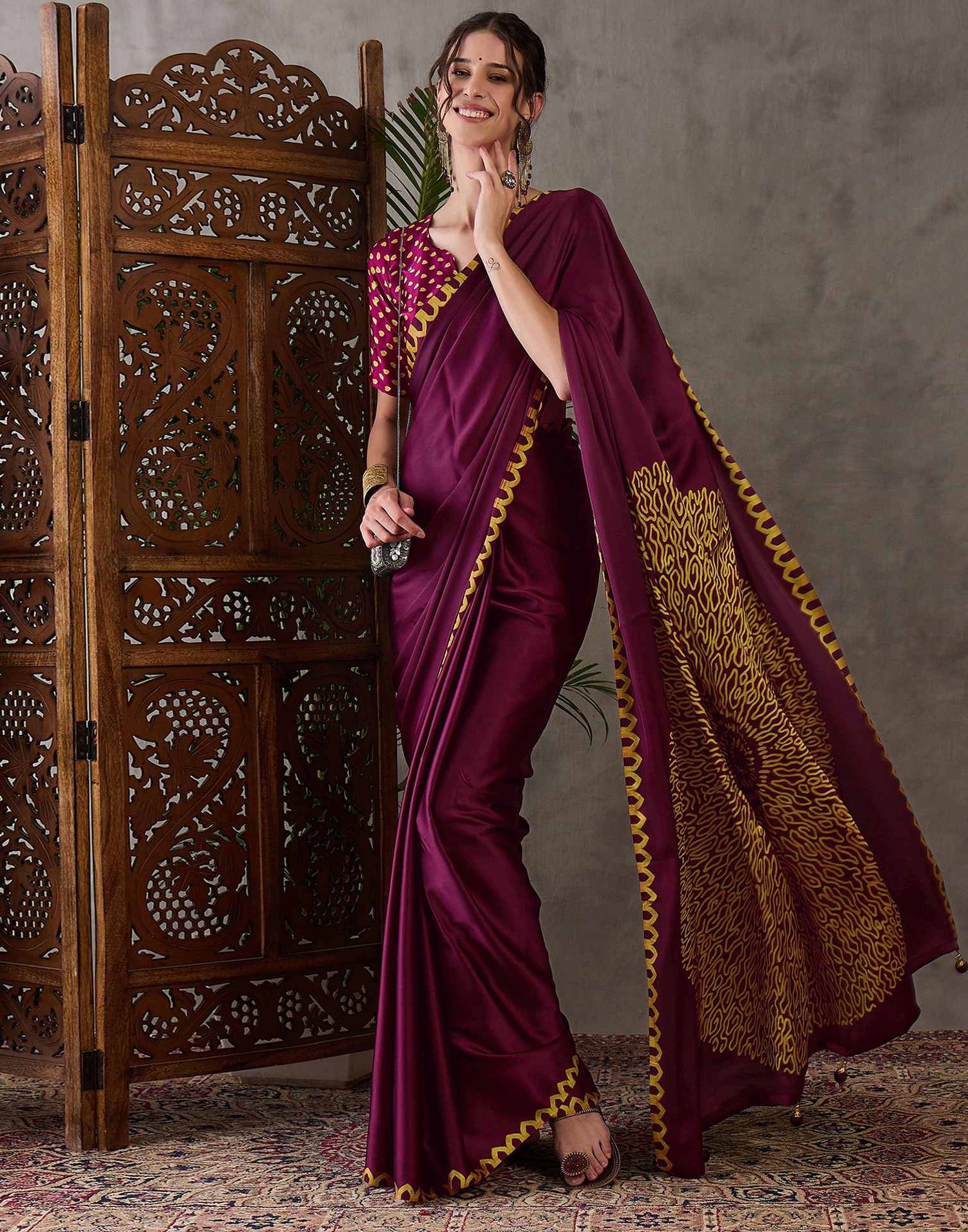Dark Purple Satin Printed Saree