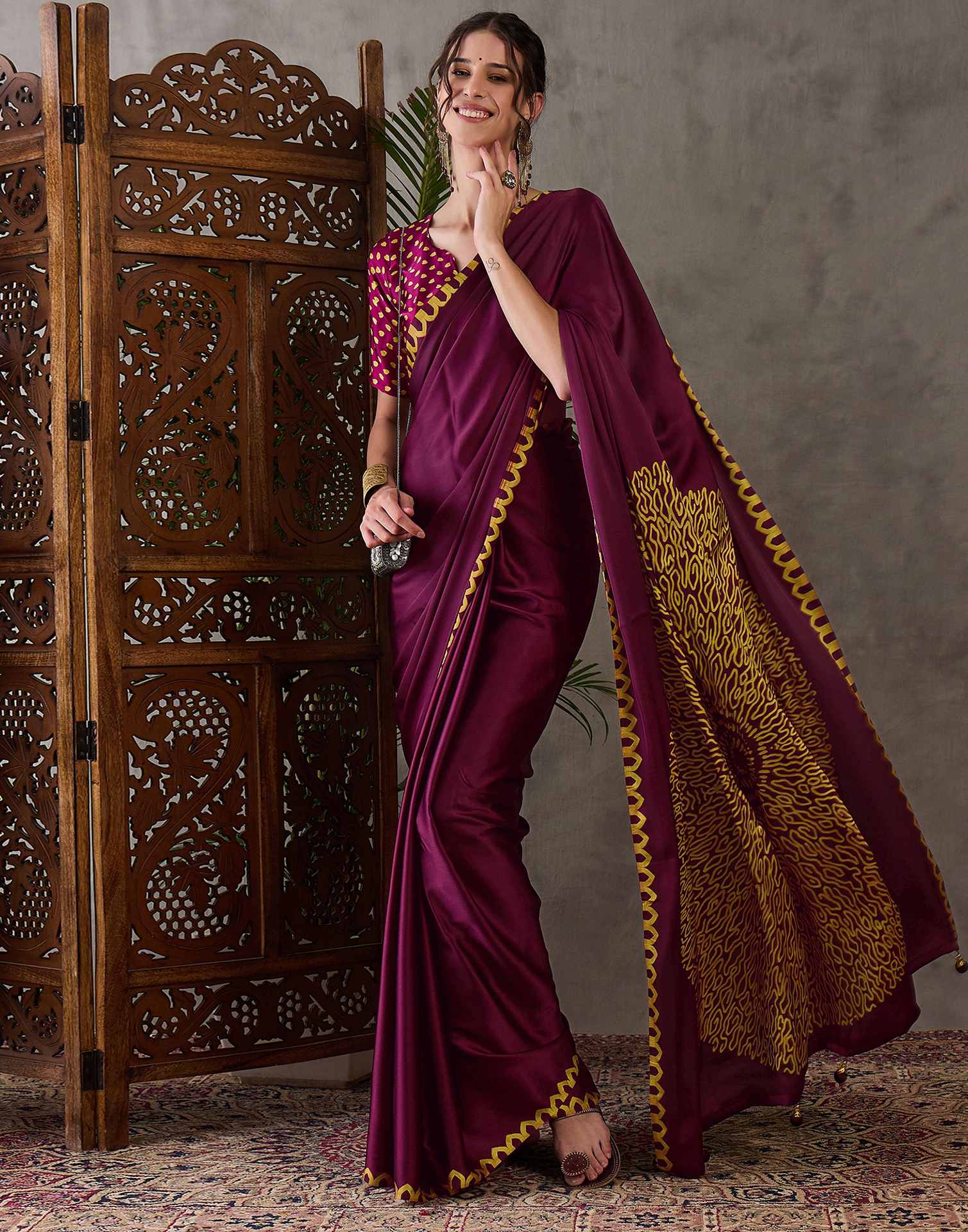 Dark Purple Satin Printed Saree