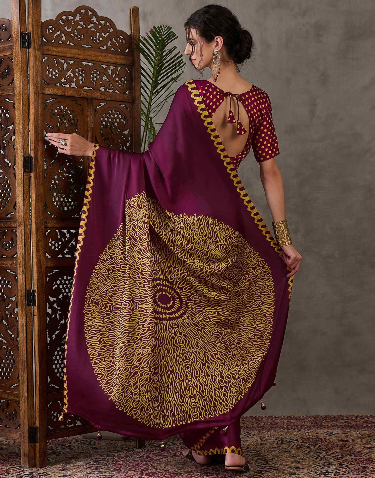 Dark Purple Satin Printed Saree