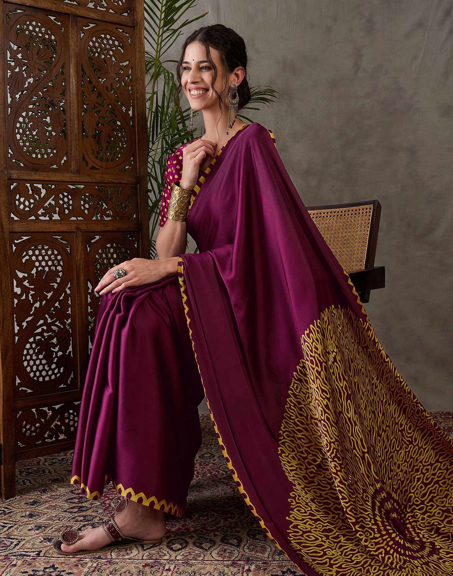 Dark Purple Satin Printed Saree