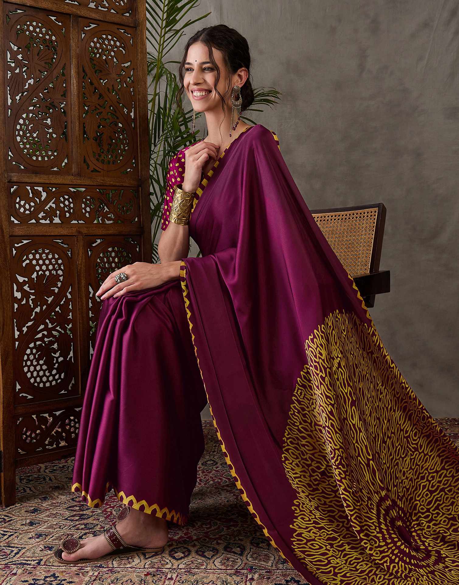 Dark Purple Satin Printed Saree