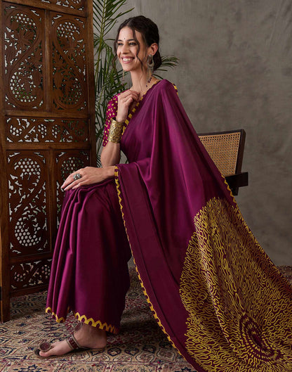 Dark Purple Satin Printed Saree