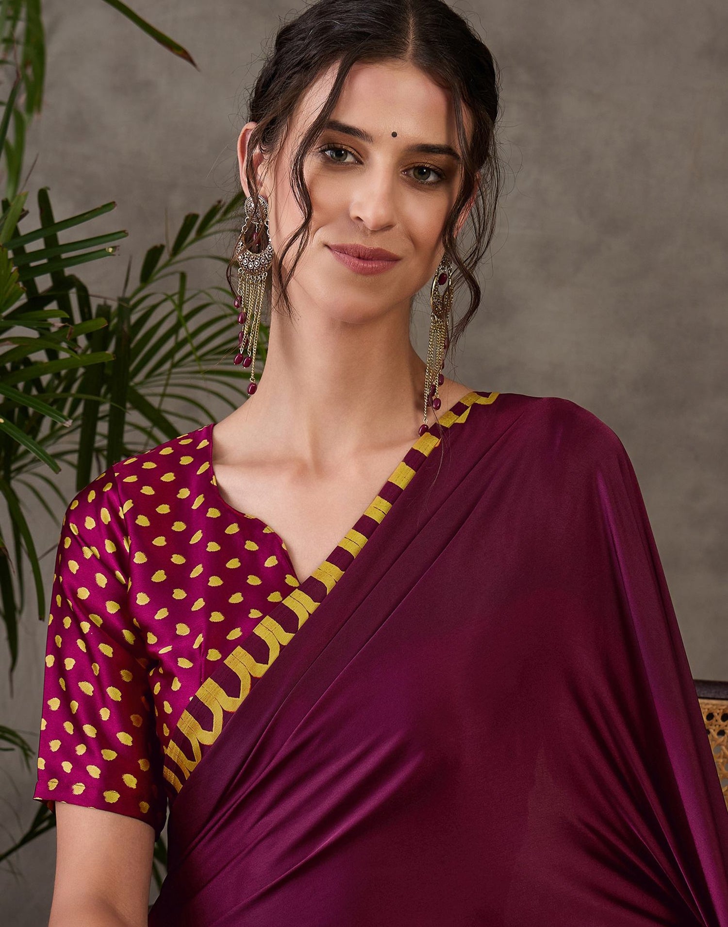 Dark Purple Satin Printed Saree