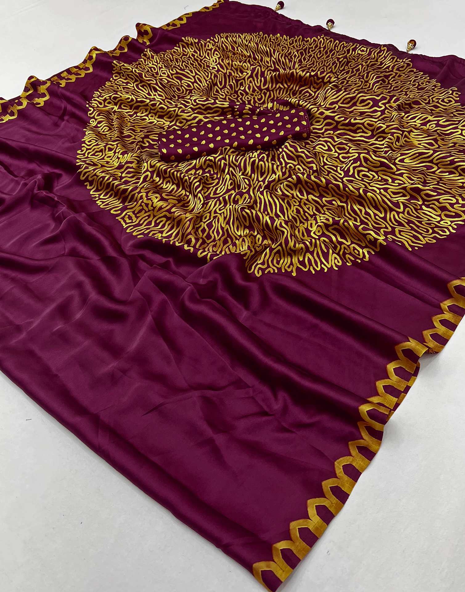 Dark Purple Satin Printed Saree