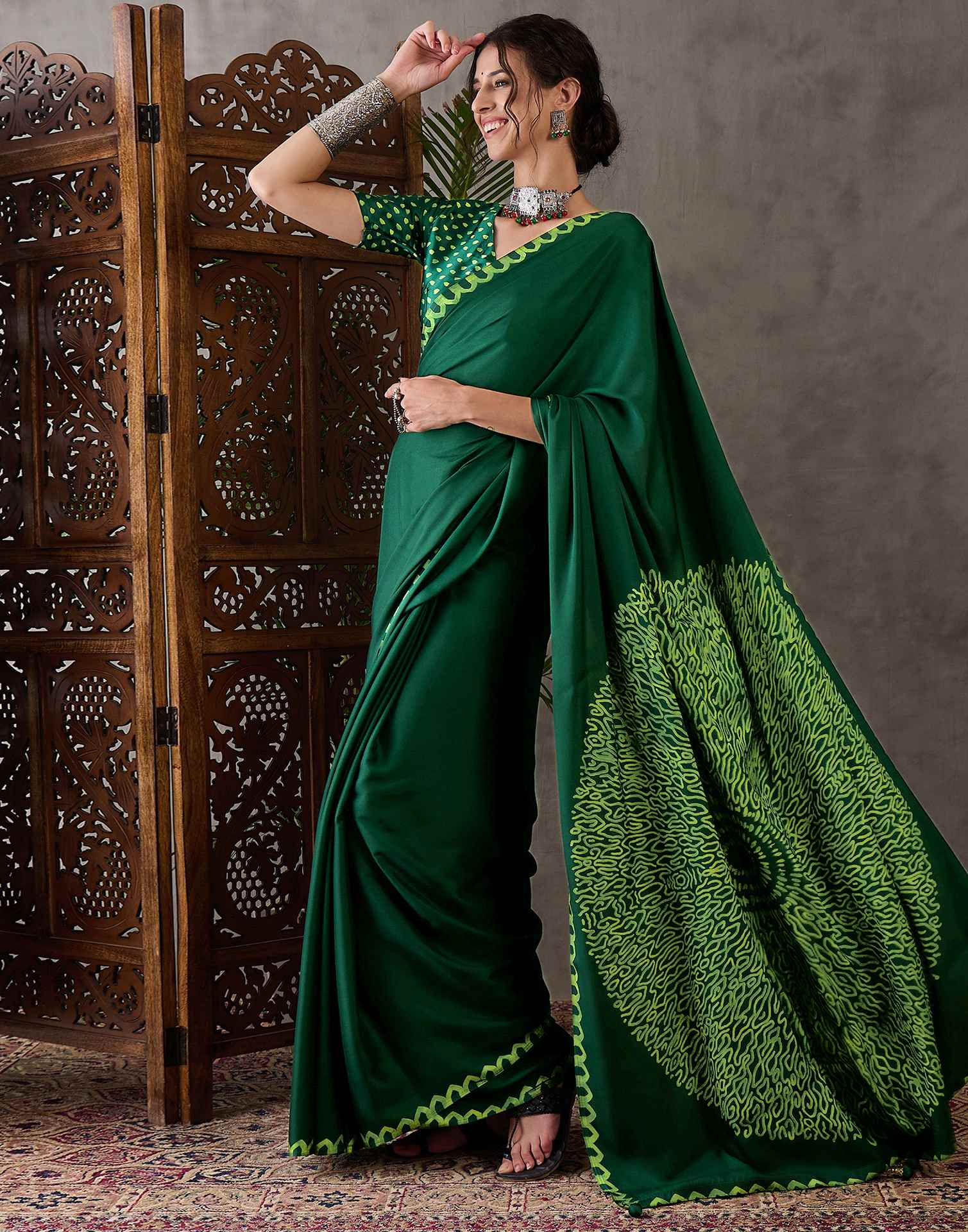 Bottle Green Satin Printed Saree