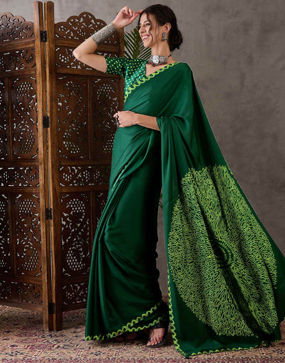Bottle Green Satin Printed Saree
