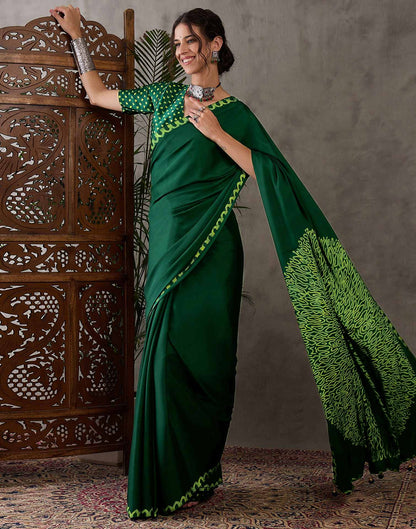 Bottle Green Satin Printed Saree