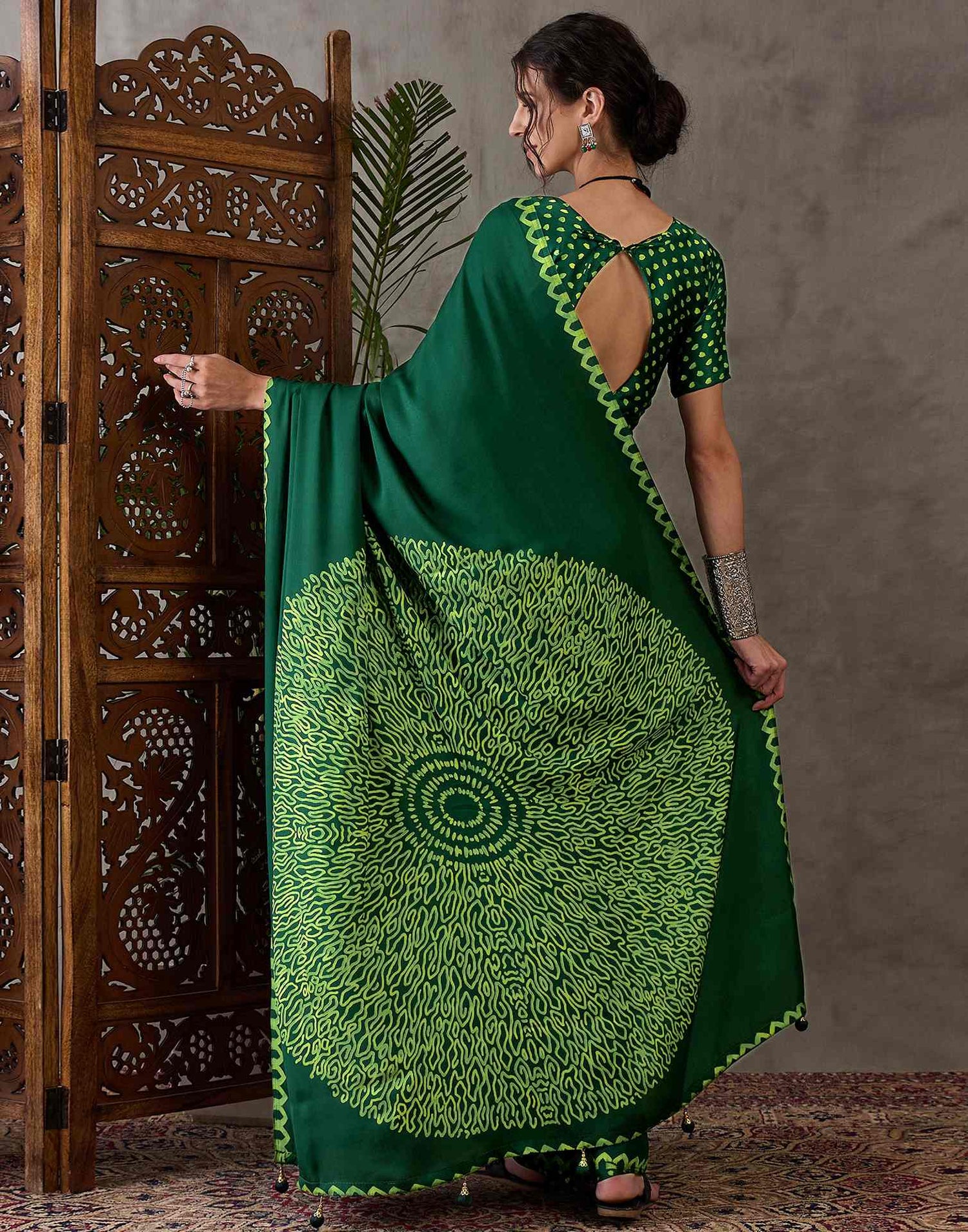 Bottle Green Satin Printed Saree