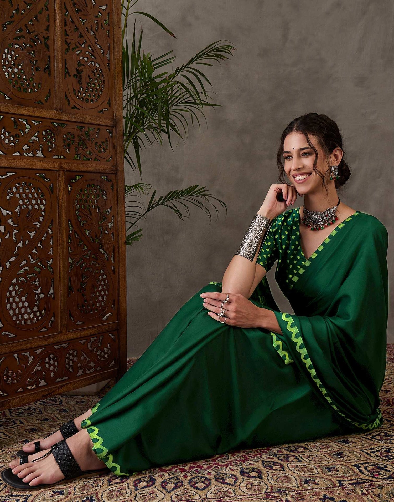 Bottle Green Satin Printed Saree