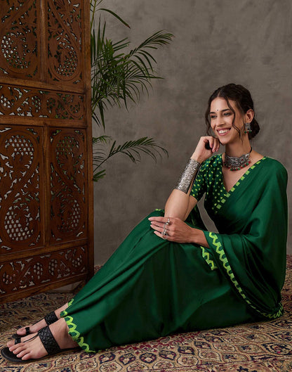 Bottle Green Satin Printed Saree