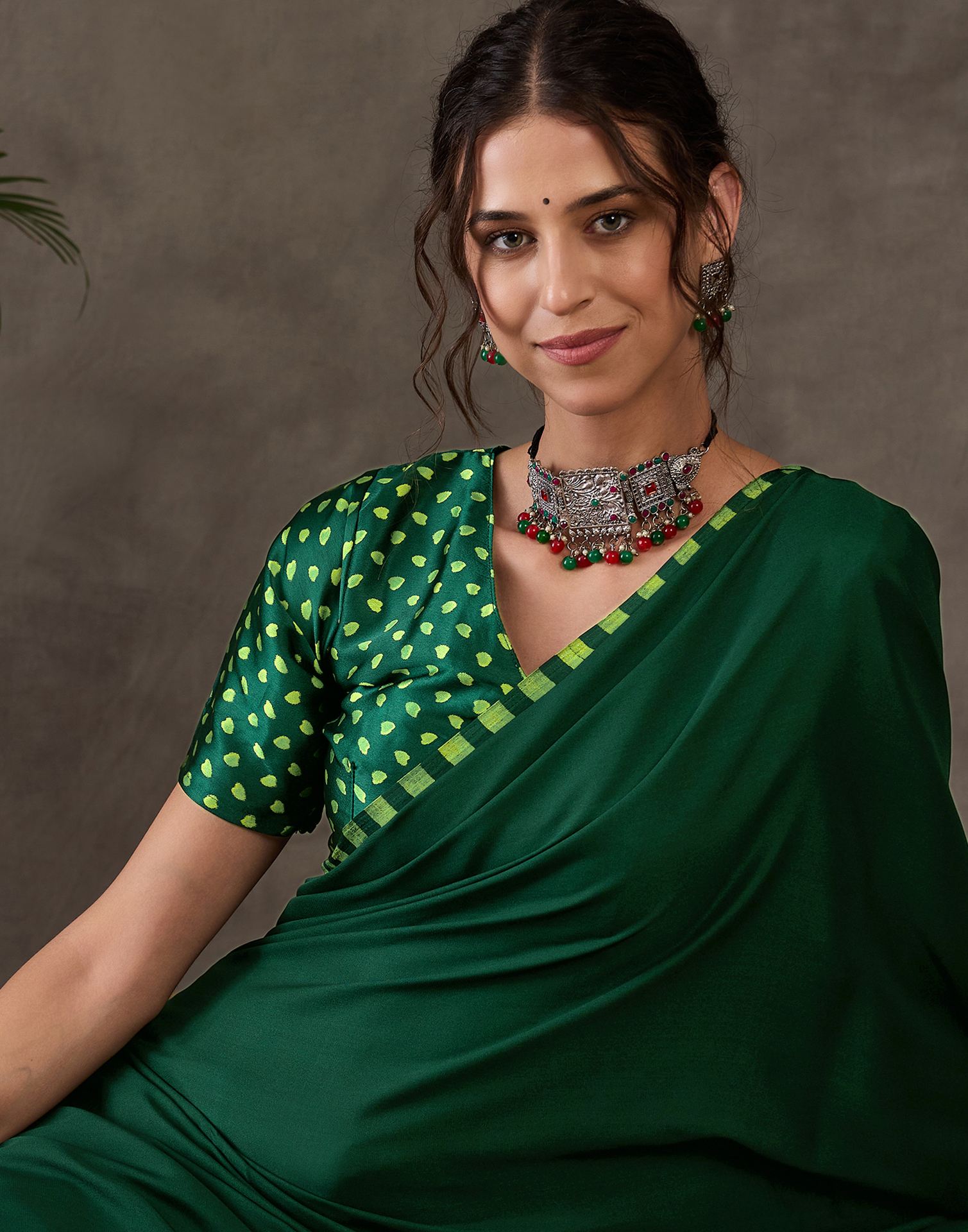 Bottle Green Satin Printed Saree