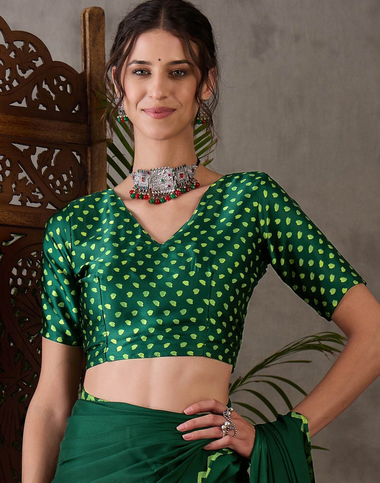 Bottle Green Satin Printed Saree