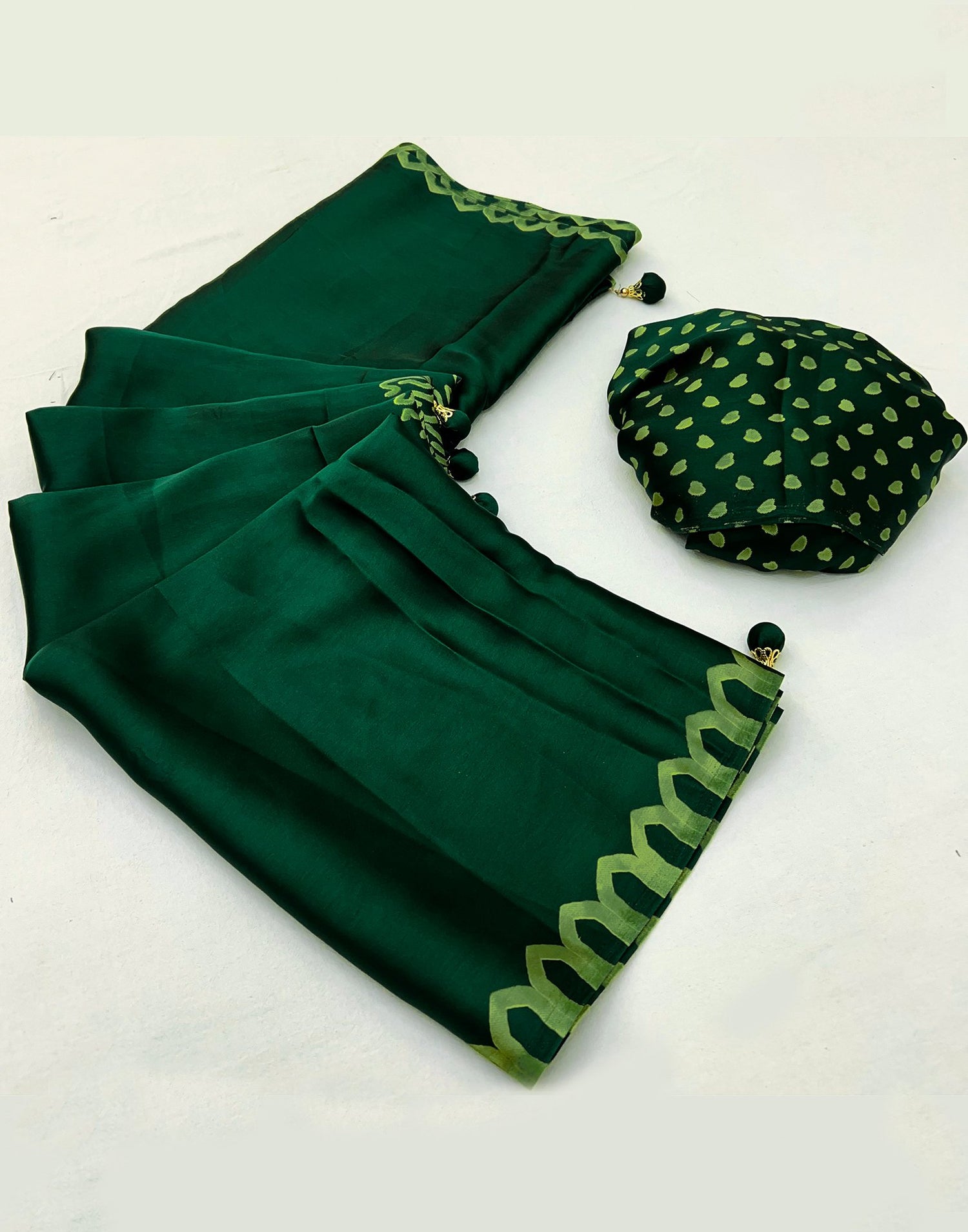 Bottle Green Satin Printed Saree