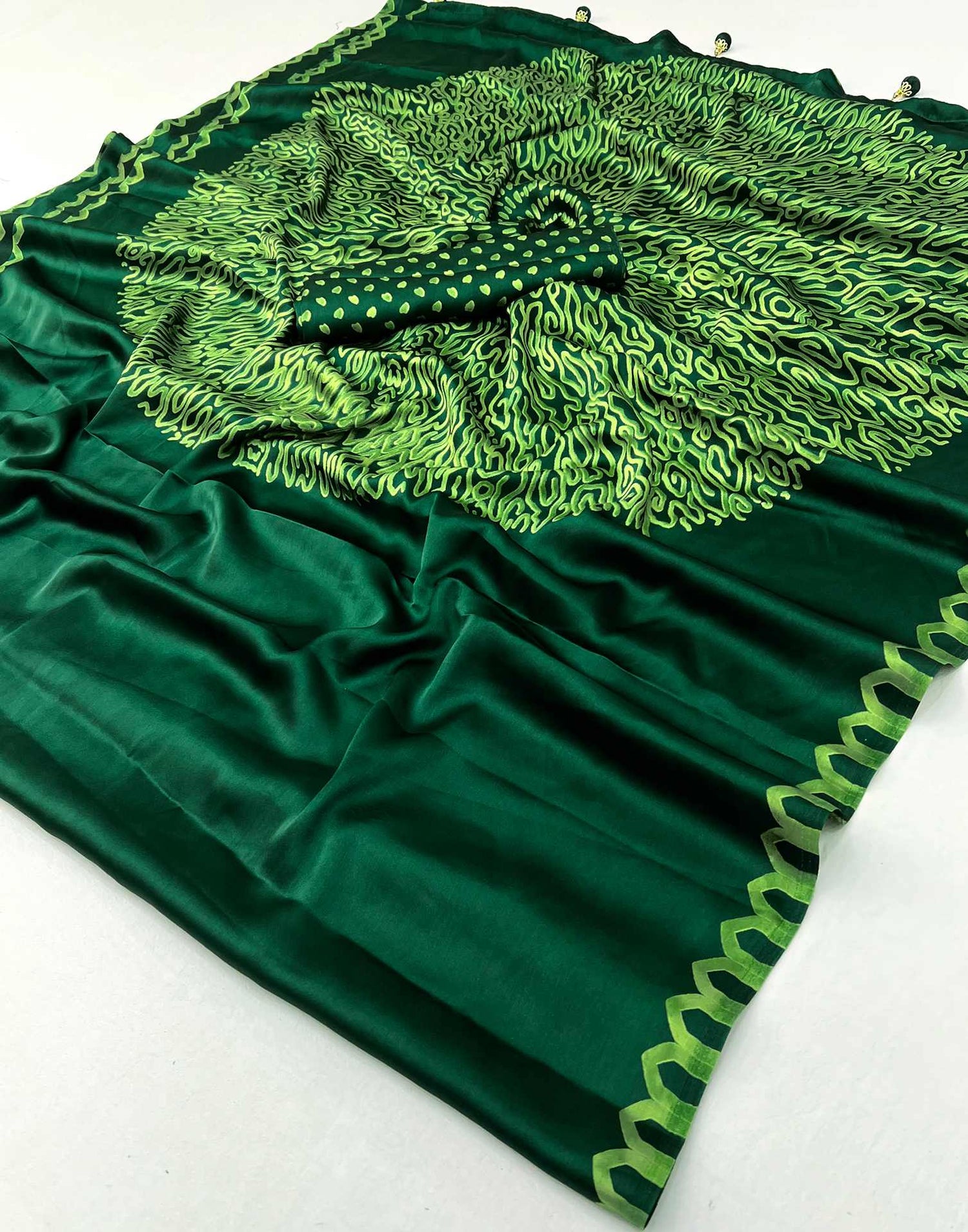 Bottle Green Satin Printed Saree