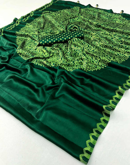 Bottle Green Satin Printed Saree