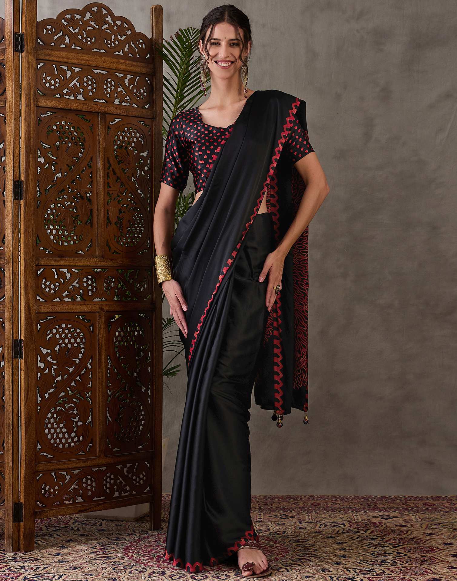 Black Satin Printed Saree