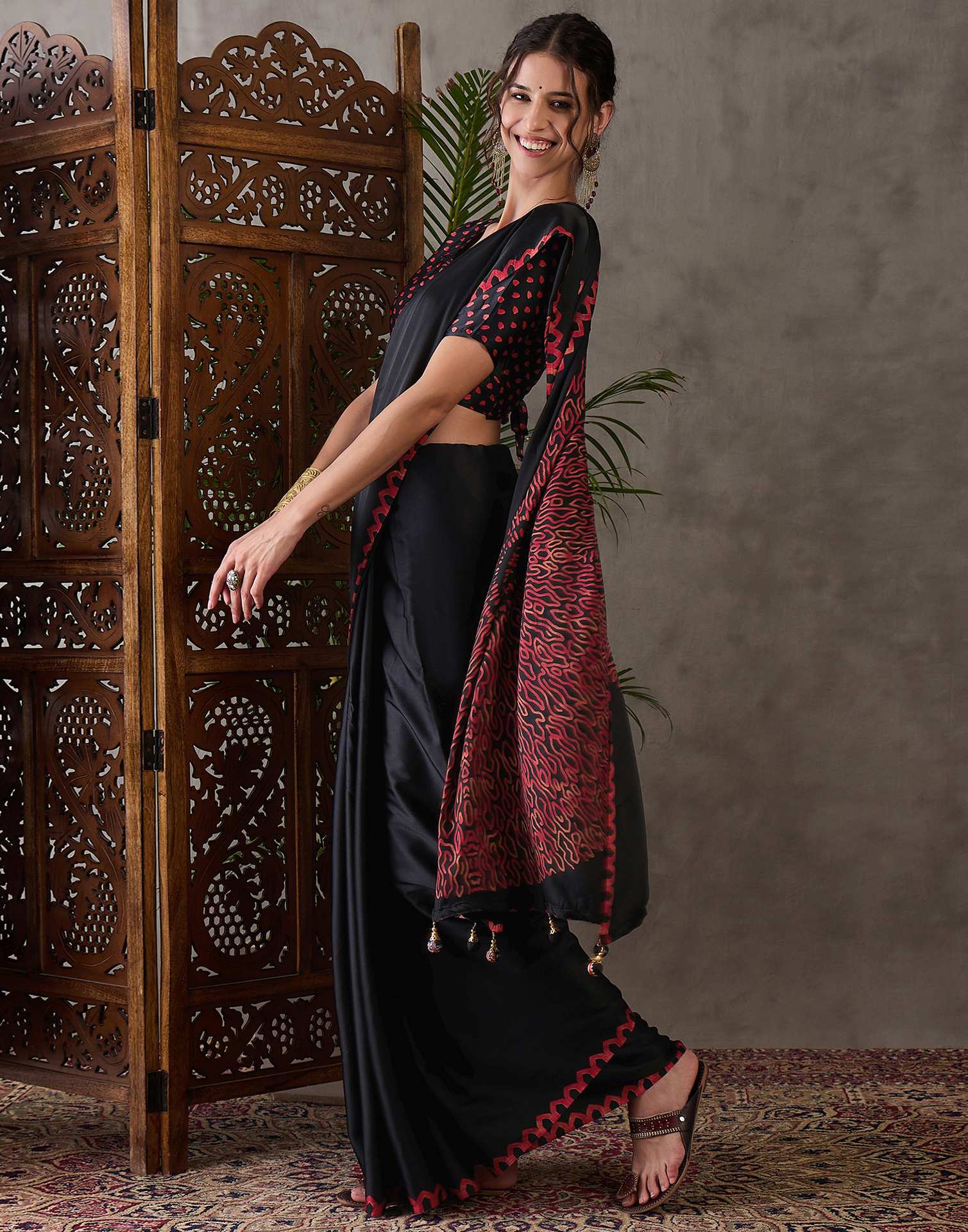 Black Satin Printed Saree