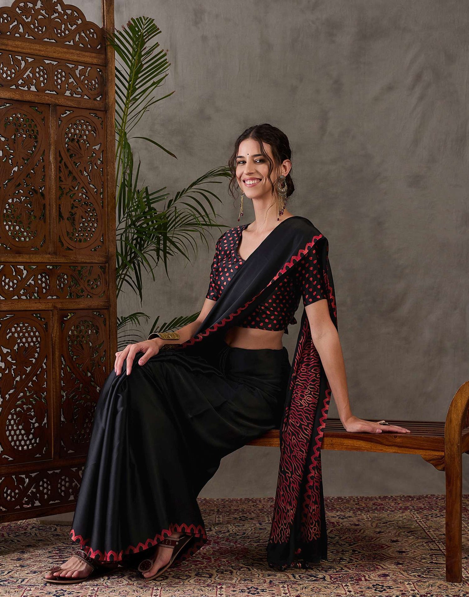 Black Satin Printed Saree