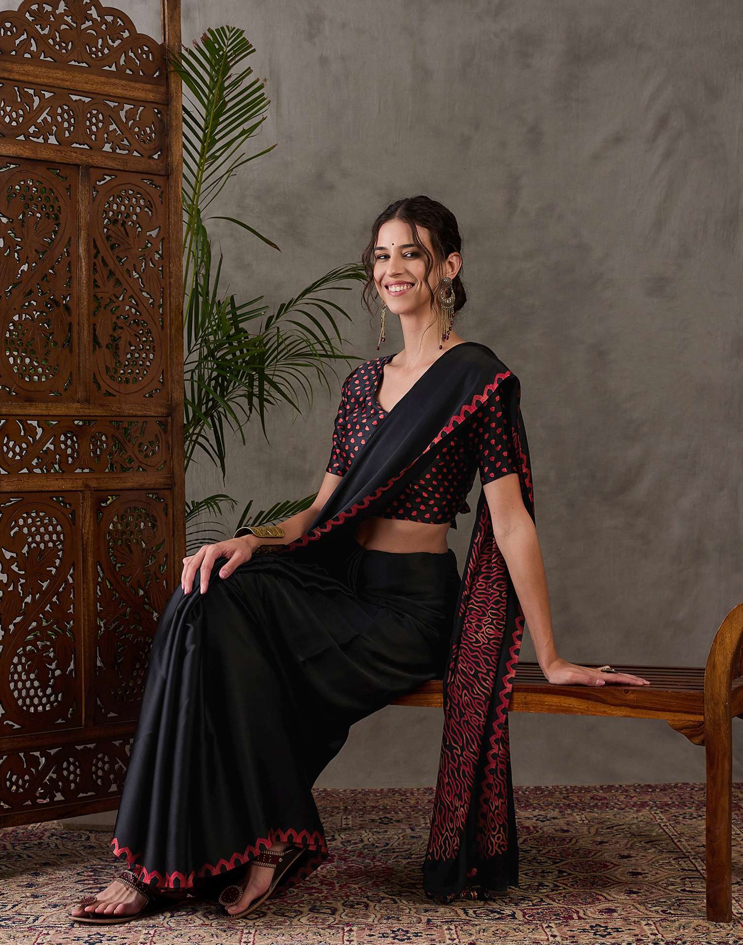 Black Satin Printed Saree