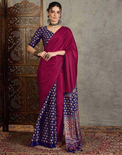 Magenta Satin Printed Saree