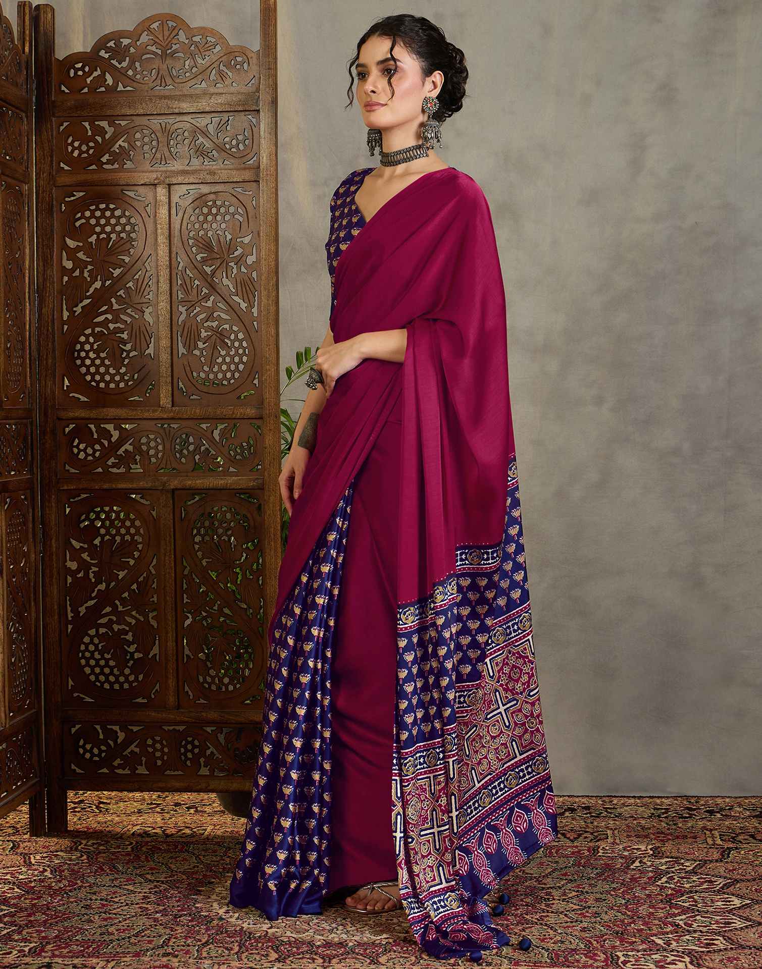 Magenta Satin Printed Saree