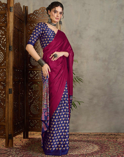 Magenta Satin Printed Saree