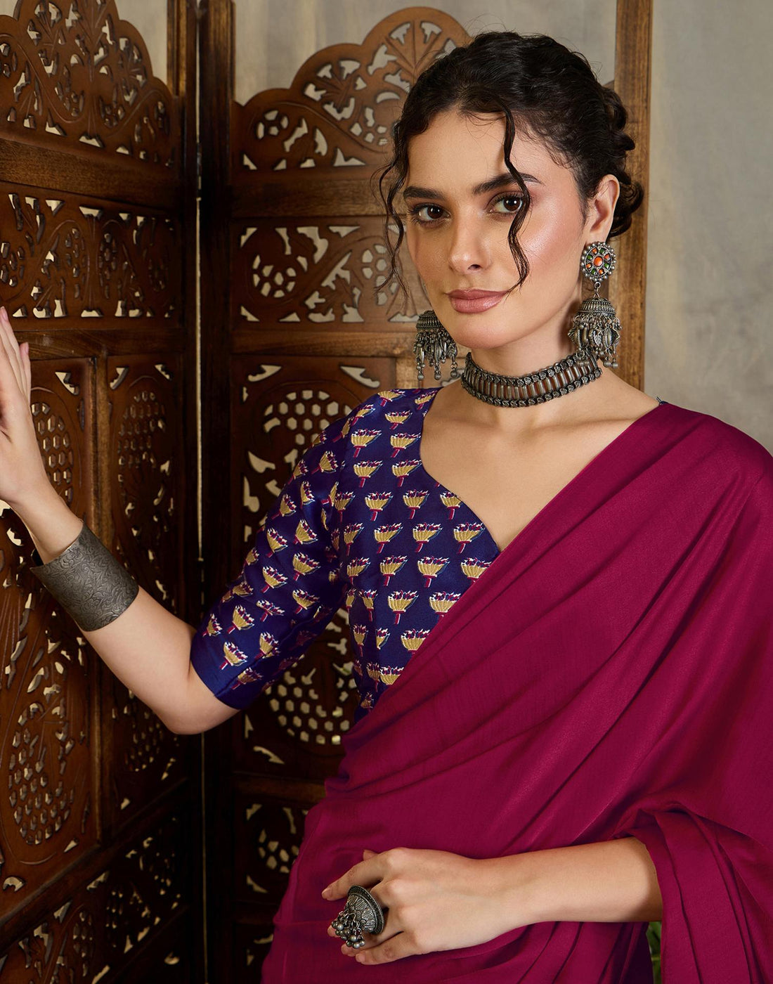 Magenta Satin Printed Saree