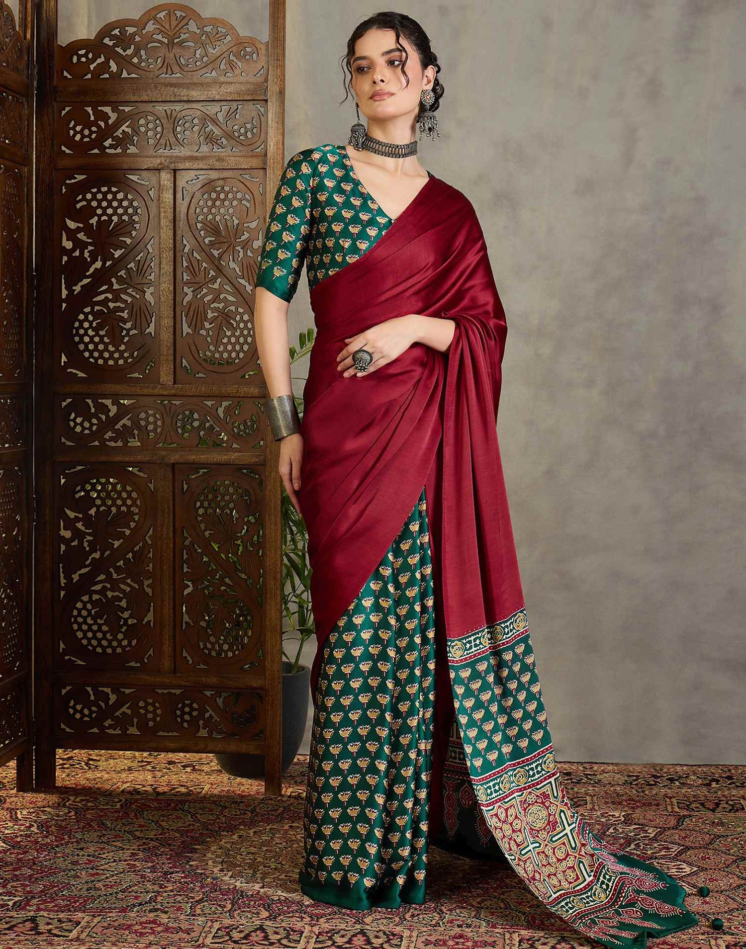 Maroon Satin Printed Saree