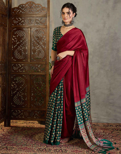 Maroon Satin Printed Saree