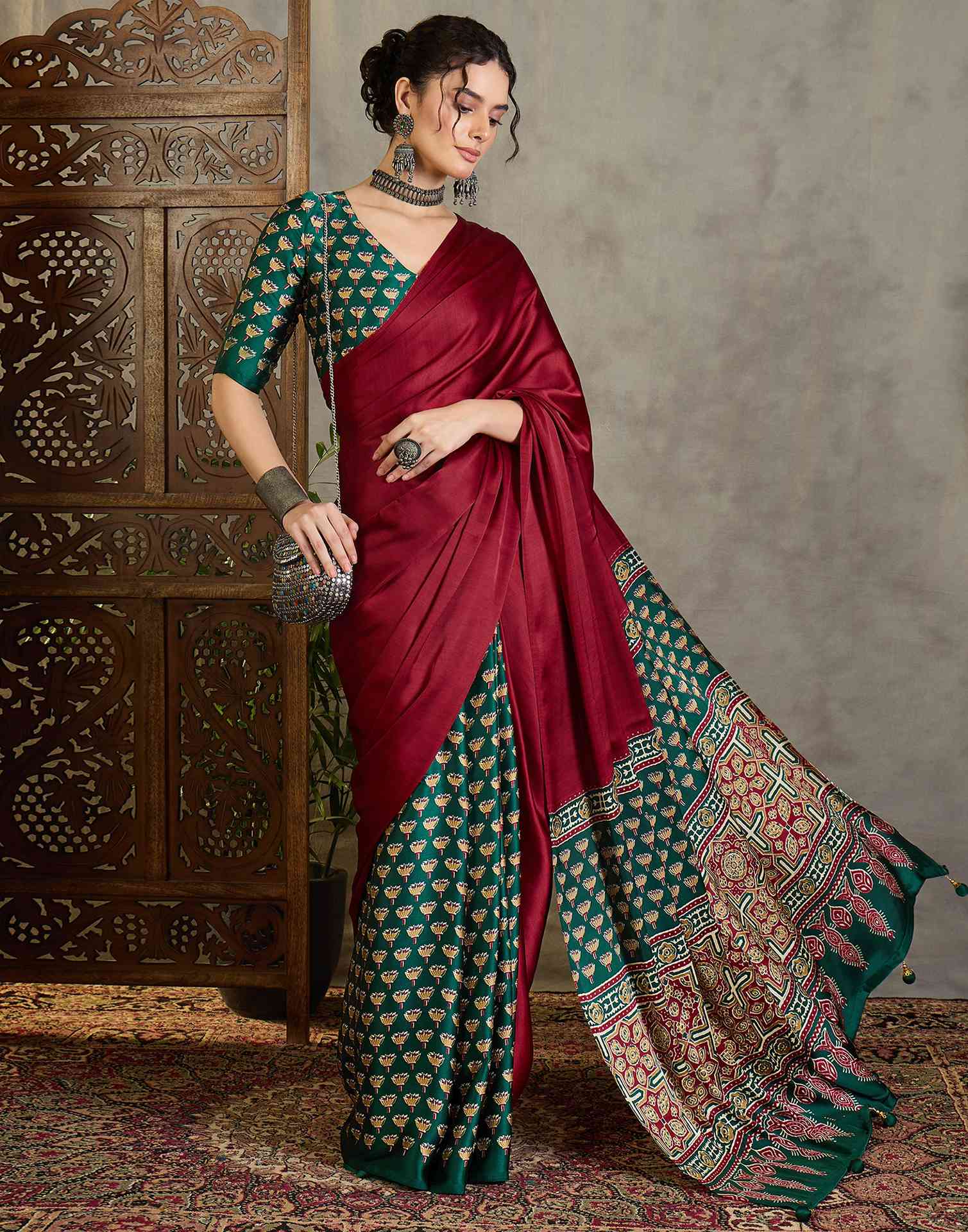 Maroon Satin Printed Saree