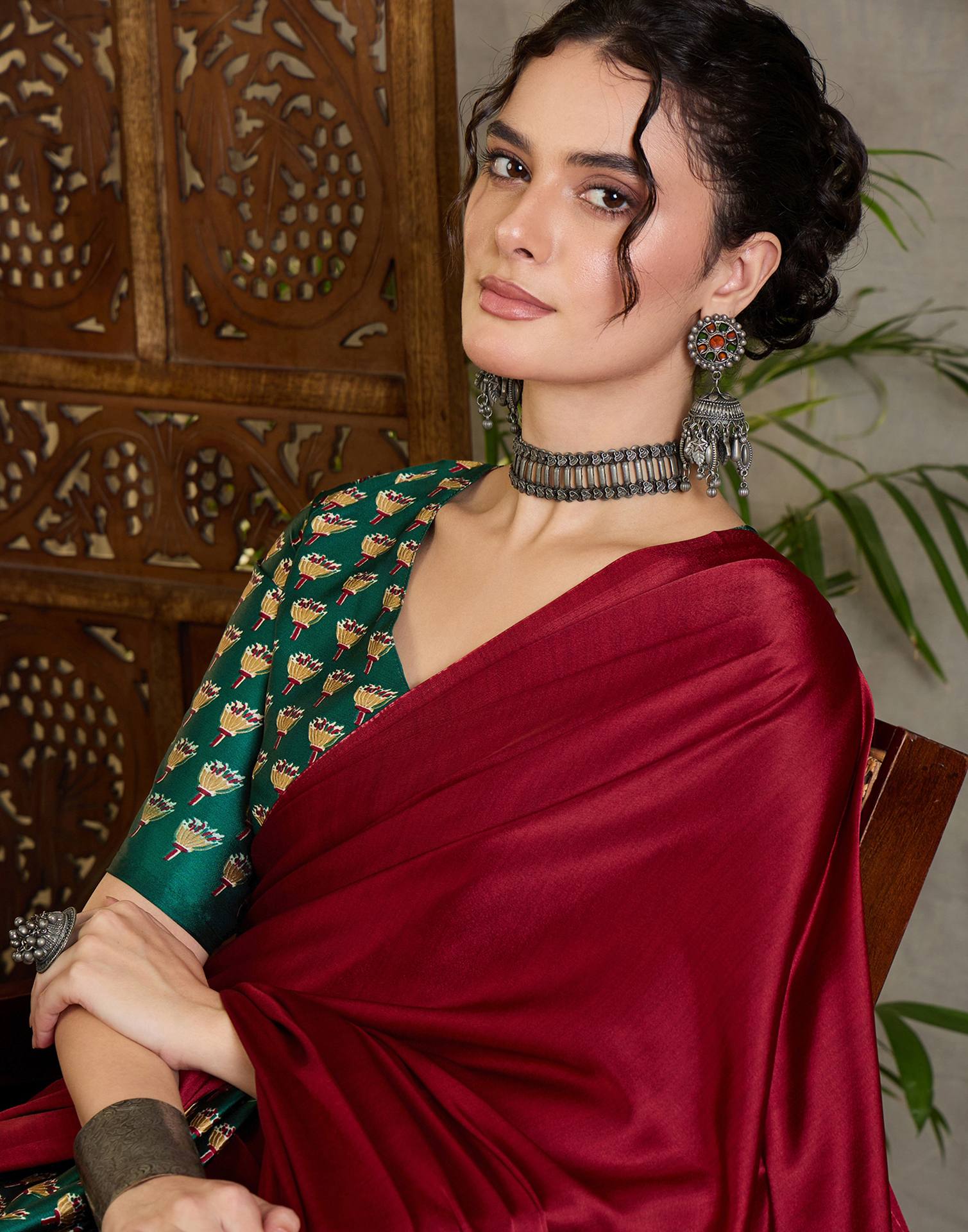 Maroon Satin Printed Saree