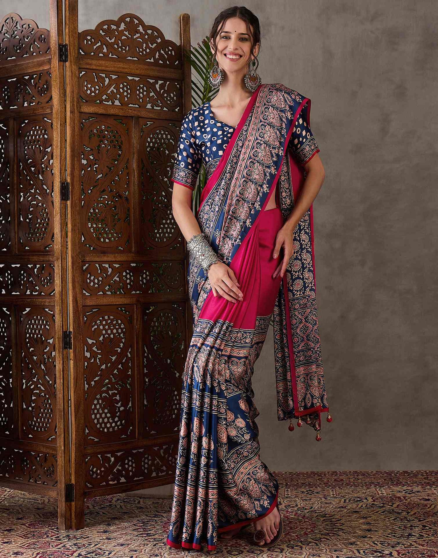Rani Pink Satin Printed Saree