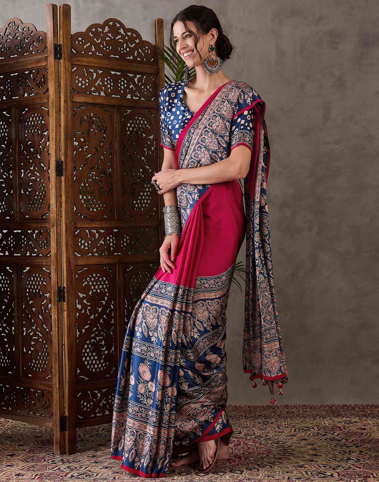 Rani Pink Satin Printed Saree