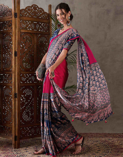 Rani Pink Satin Printed Saree