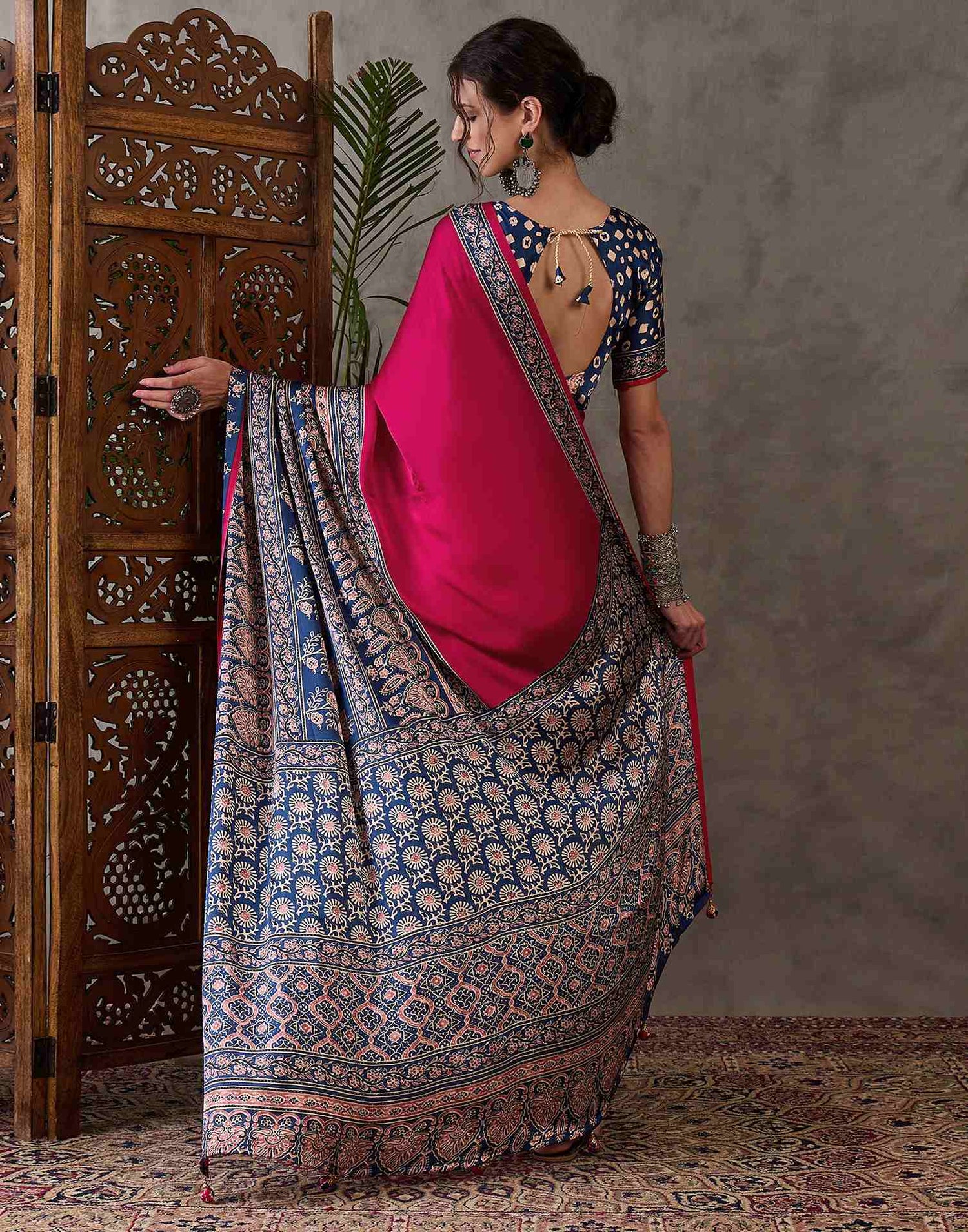 Rani Pink Satin Printed Saree