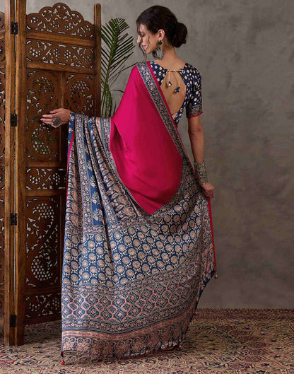 Rani Pink Satin Printed Saree