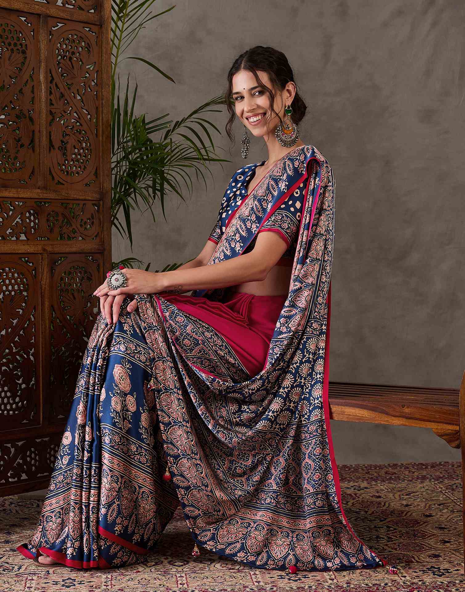 Rani Pink Satin Printed Saree