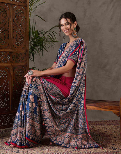 Rani Pink Satin Printed Saree