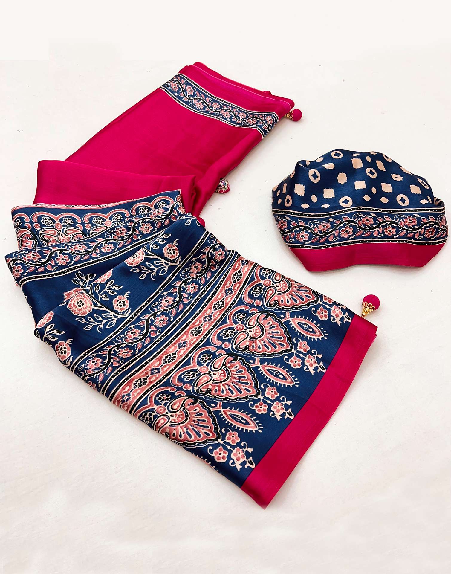 Rani Pink Satin Printed Saree