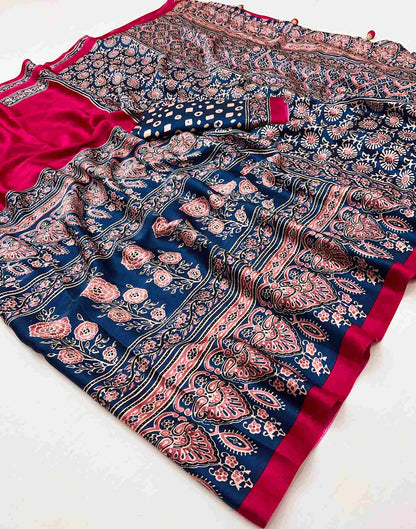 Rani Pink Satin Printed Saree