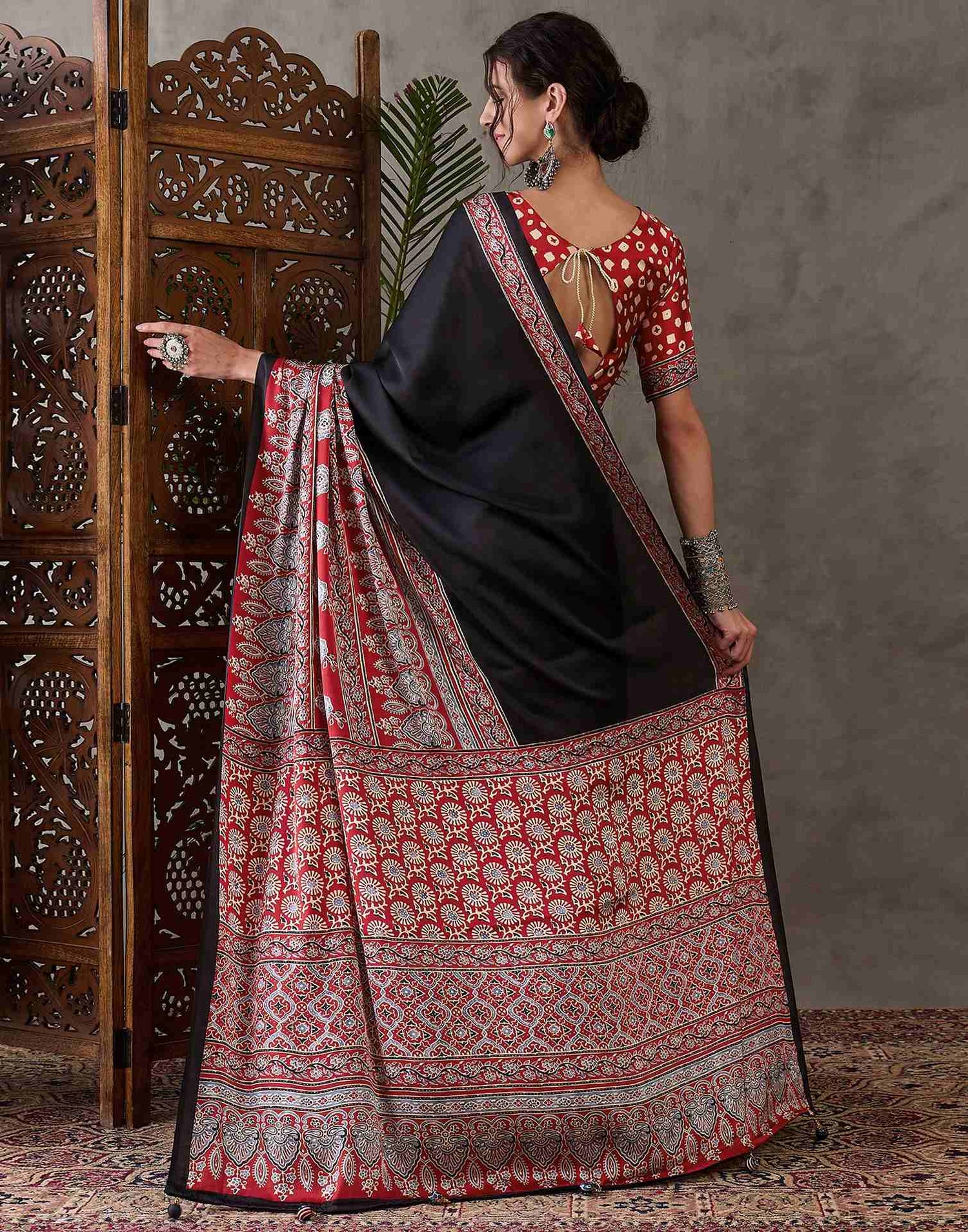 Black Satin Printed Saree
