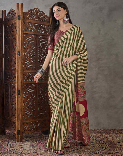 Olive Green Satin Printed Saree