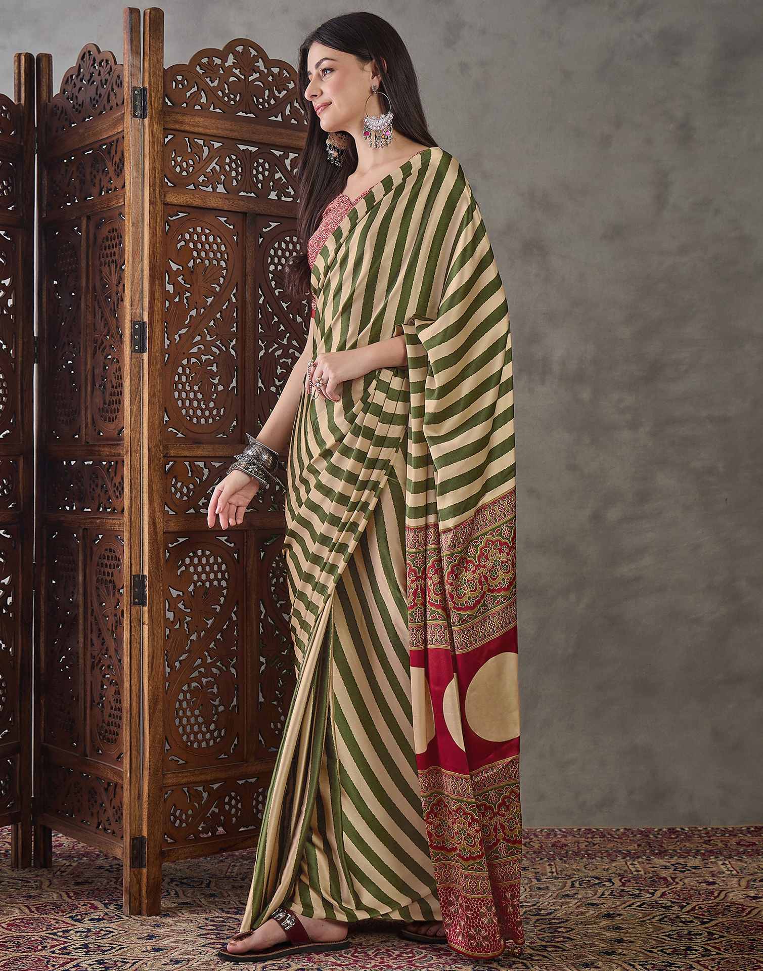 Olive Green Satin Printed Saree