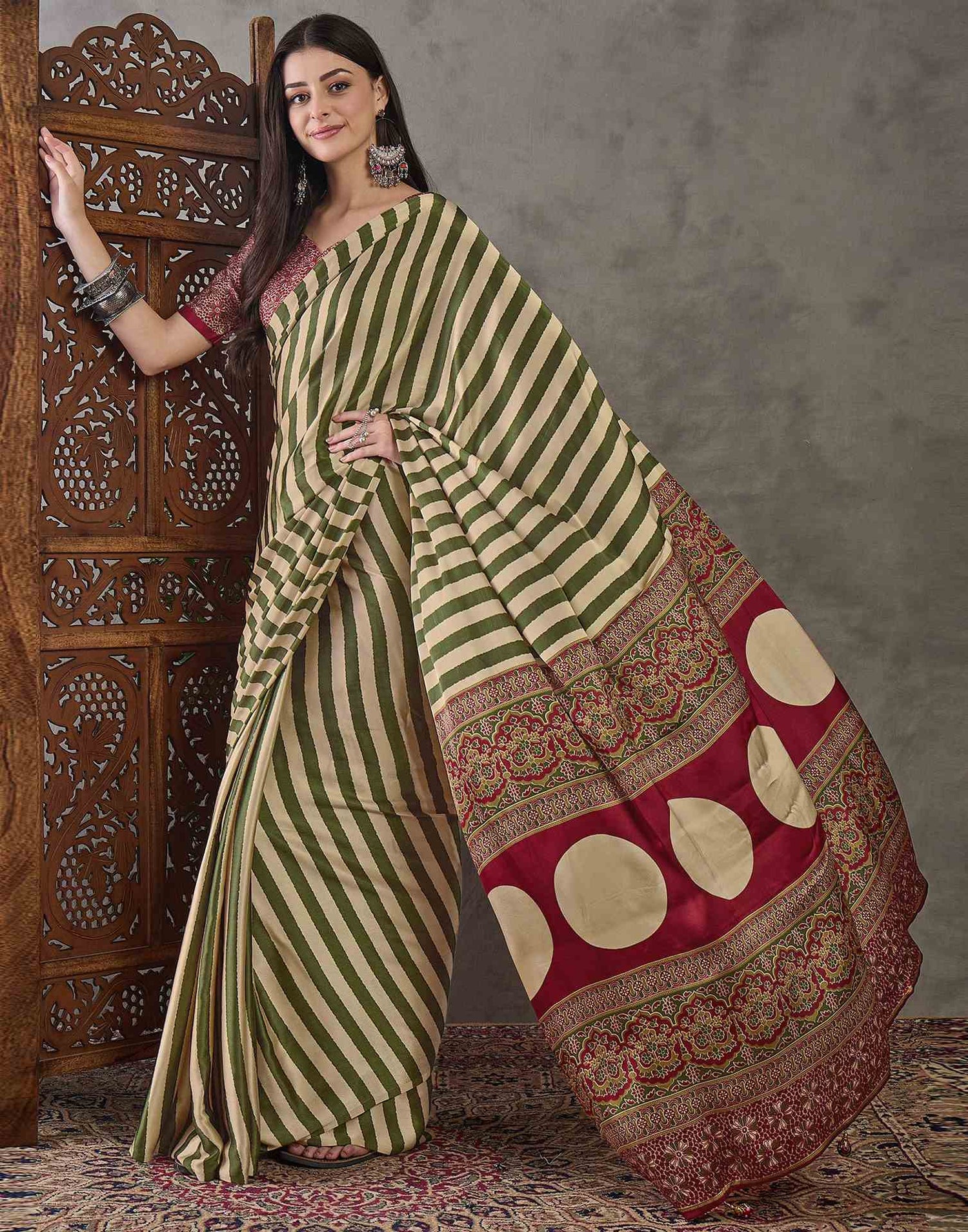 Olive Green Satin Printed Saree