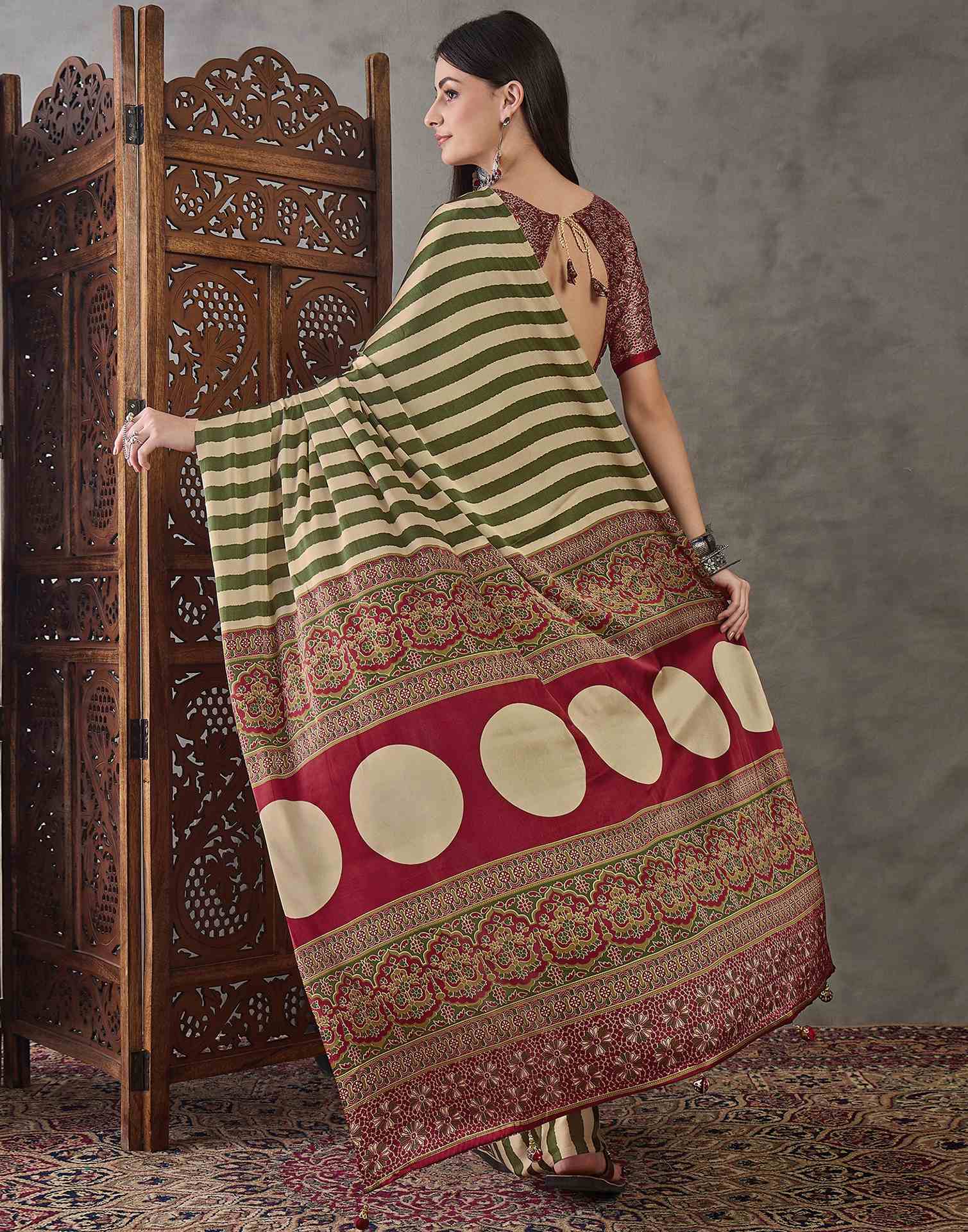 Olive Green Satin Printed Saree