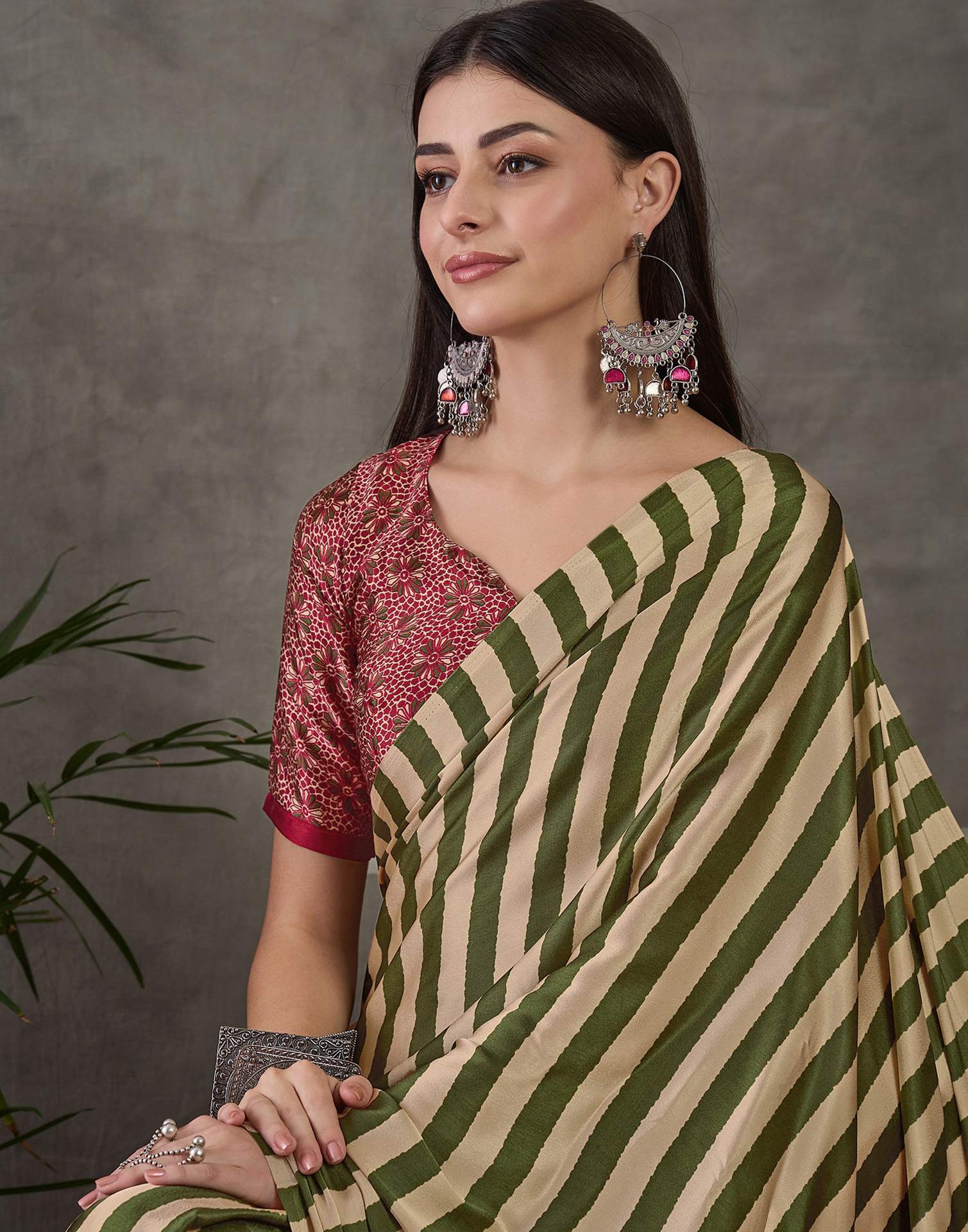 Olive Green Satin Printed Saree