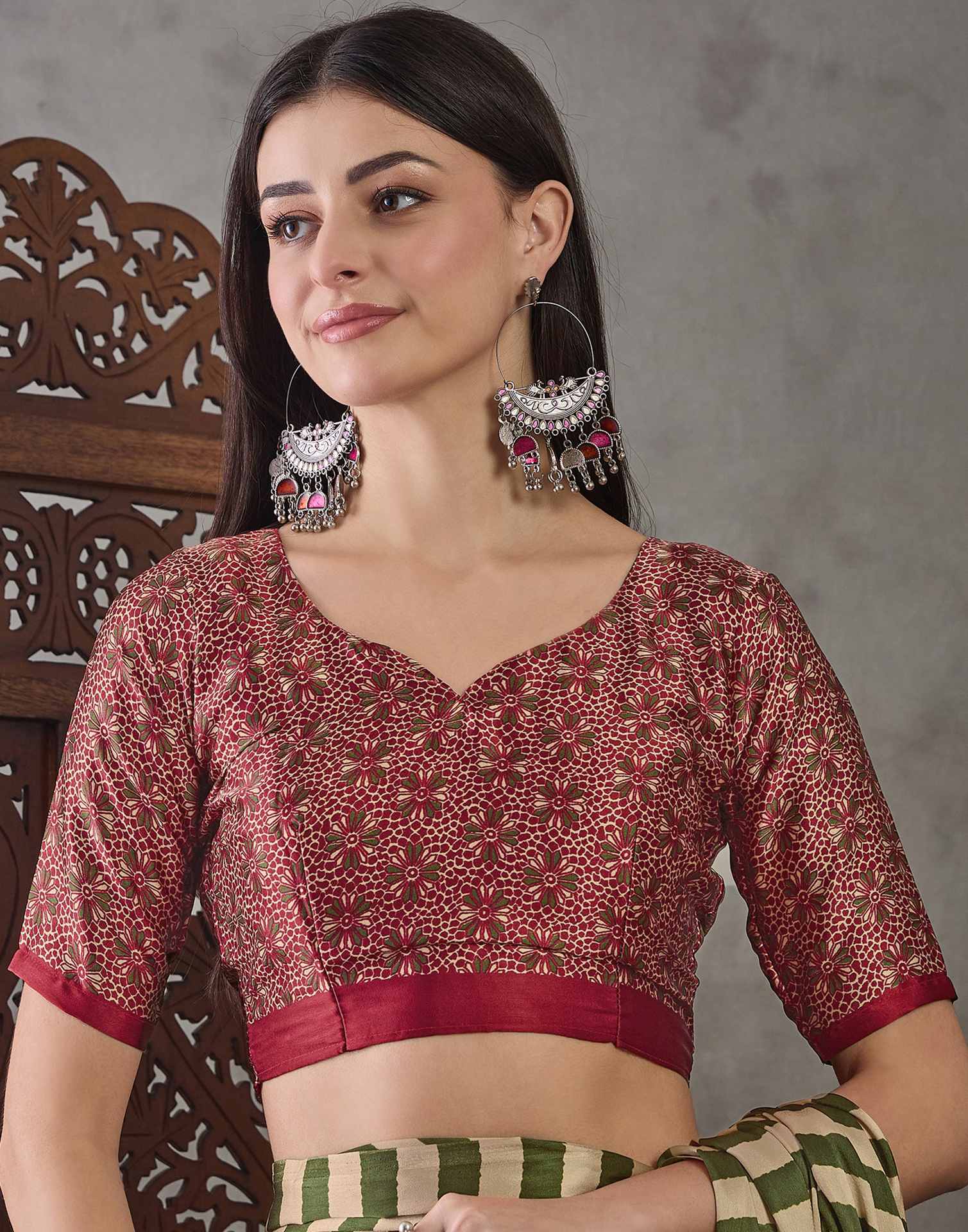 Olive Green Satin Printed Saree