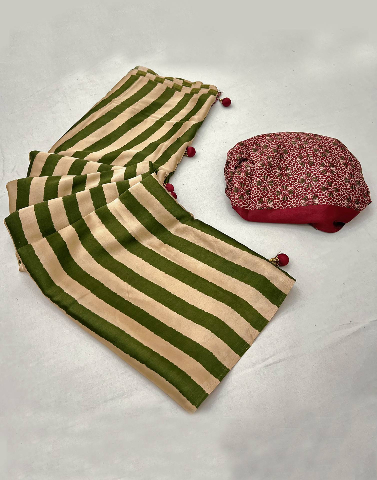 Olive Green Satin Printed Saree