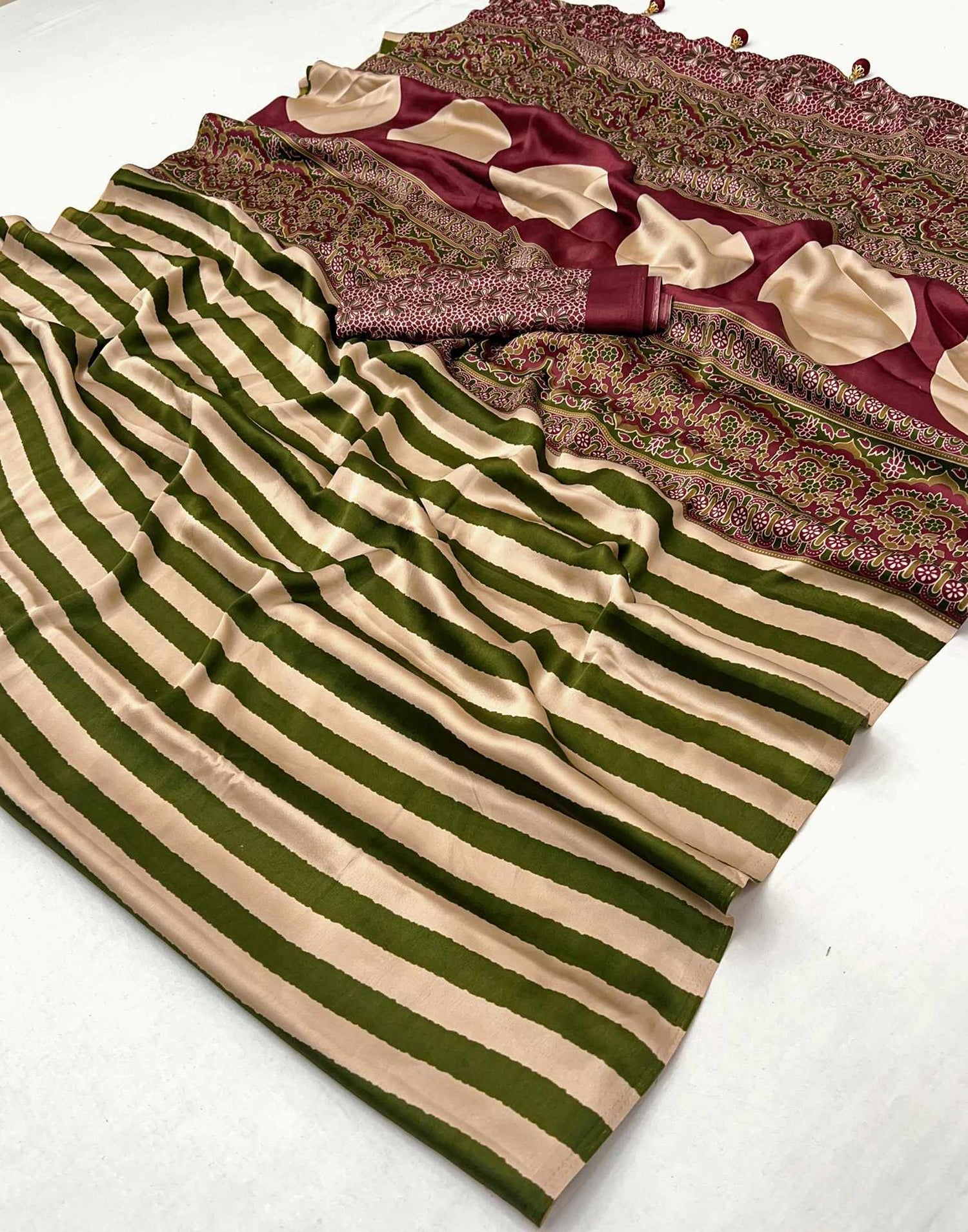 Olive Green Satin Printed Saree